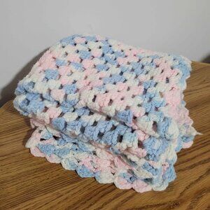 Baby Blanket Blue Pink & White Crochet Crib Grandmacore Bed Handmade Cottage